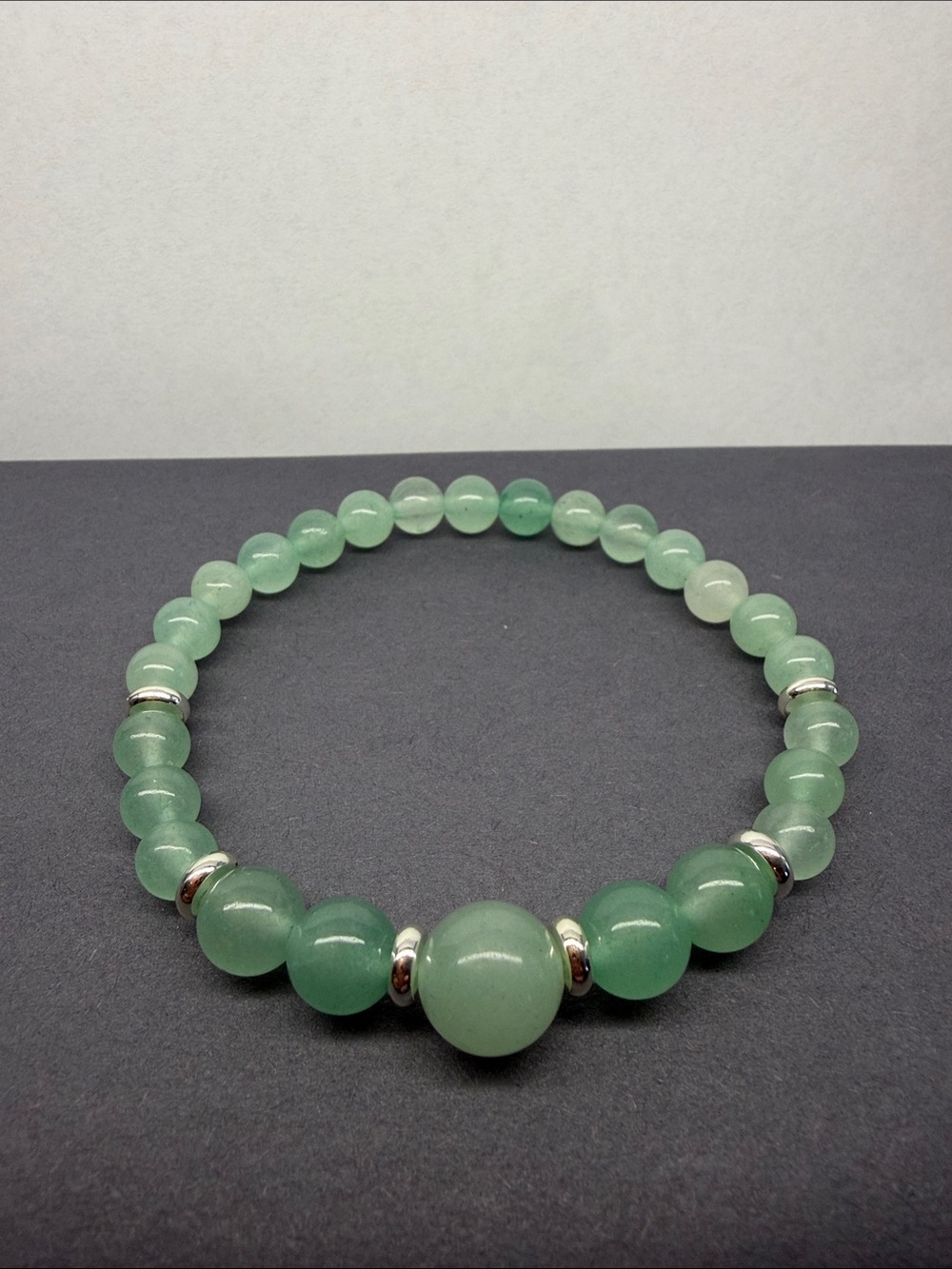 Green Aventurine Beaded Stretch Bracelet with Silver Accents - 7”